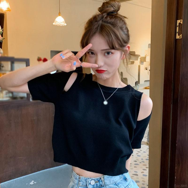 Women Off-the-shoulder Top Short Loose Knit  Solid Color Short-sleeved T-shirts