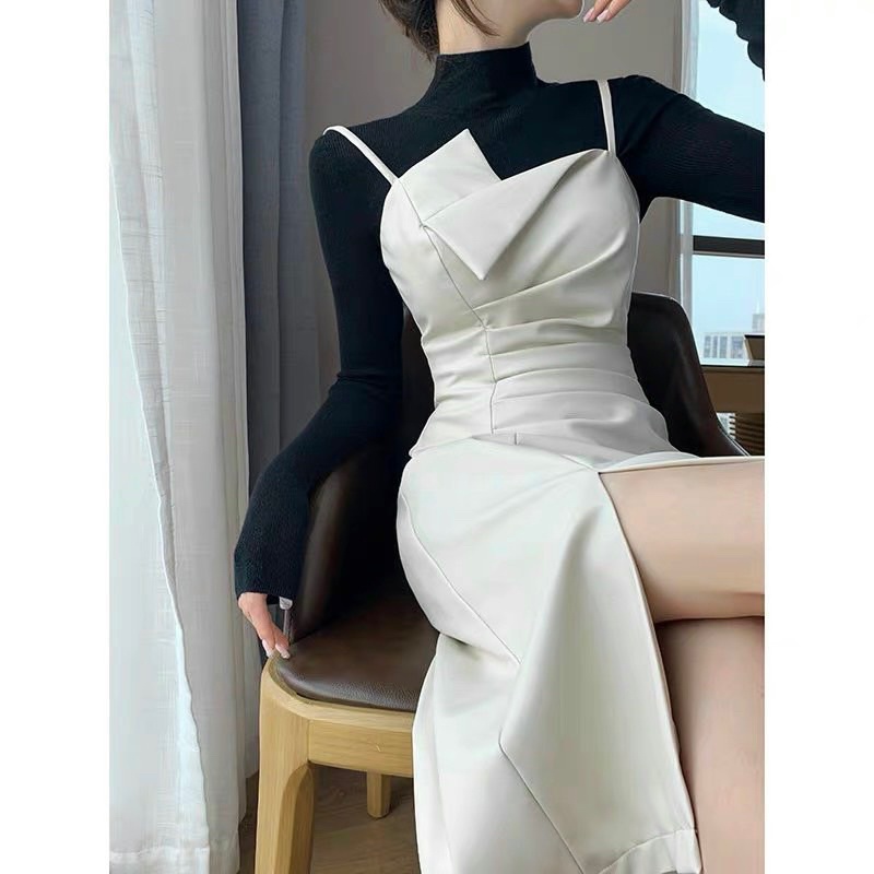 Set thiết kế váy hai dây li sườn mix áo len cổ 3p tiểu thư sang chảnh | BigBuy360 - bigbuy360.vn