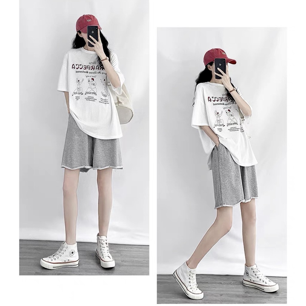 Set quần đùi xám kèm áo thun Menu nữ - Bộ đồ short ống rộng, phông tay lỡ oversize in hình cá tính Ulzzang SIÊU ĐẸP