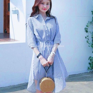 x2 Đầm công sở váy sơ mi sọc tà tròn tay dài thắt dây eo tôn dáng (kèm hình thật)