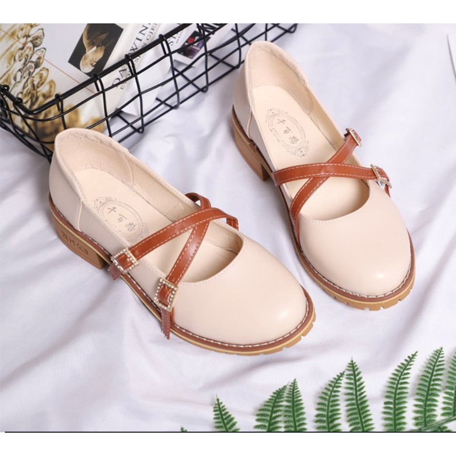 Giày Búp Bê Nữ Slip On Đính Đá Đế Thấp 4CM Phong Cách Nhật Bản Quai Ngang
