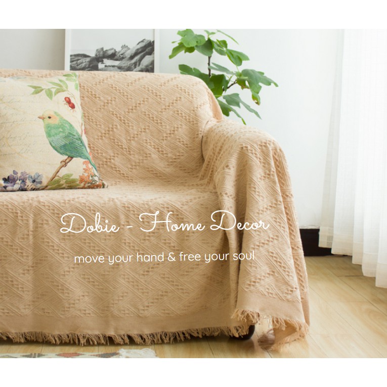 Chăn thảm phủ ghế sofa đan len tua rua phong cách BOHEMIAN màu be họa tiết chéo