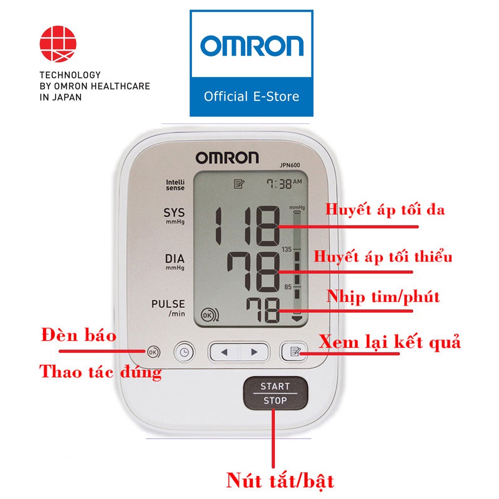 [Sản Xuất Tại Nhật Bản] Máy đo huyết áp bắp tay Omron JPN600 | Màn Hình LCD , Cảm Biến Định Vị - Bảo Hành 5 Năm