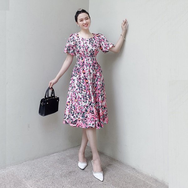Đầm Hoa Công Sở Cổ Vuông Phối Hoa AKARA K153 Tay Phồng Full Size S, M, L,XL,XXL | BigBuy360 - bigbuy360.vn