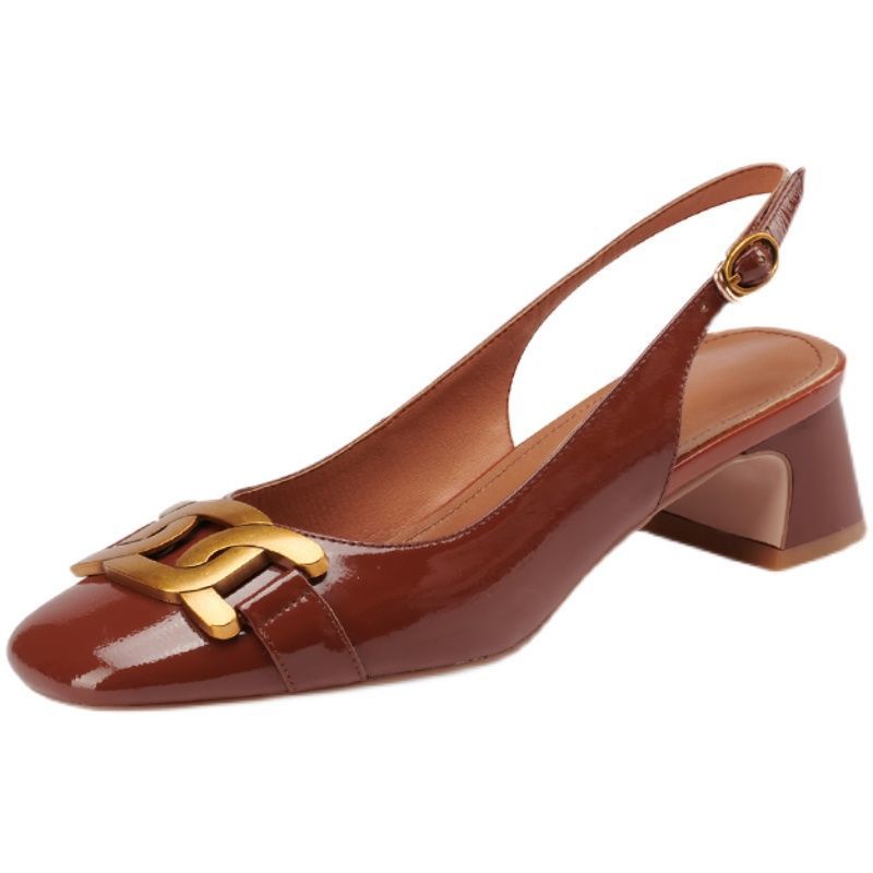 Giày sandal cao gót hở ngón gót vừa đế dày khóa kim loại vintage mùa hè cho nữ