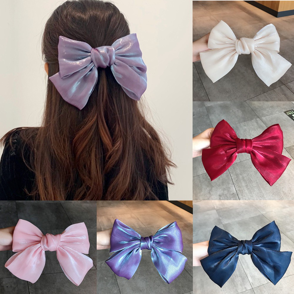 Kẹp tóc bằng vải satin hình nơ đính ngọc trai phong cách Pháp cho nữ