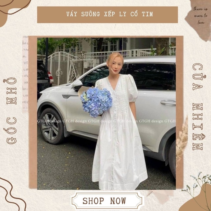 Váy Suông Dáng Dài Xếp Ly Ngực Tay Bồng Cổ Tim (ẢNH THẬT+VIDEO)