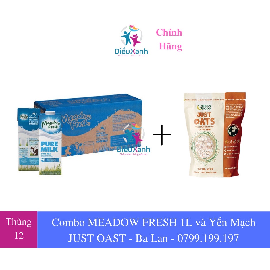 Combo 3 Hộp Meadow Fresh Ít Béo 1L Và Yến Mạch Just Oast  Cán Mỏng 454g