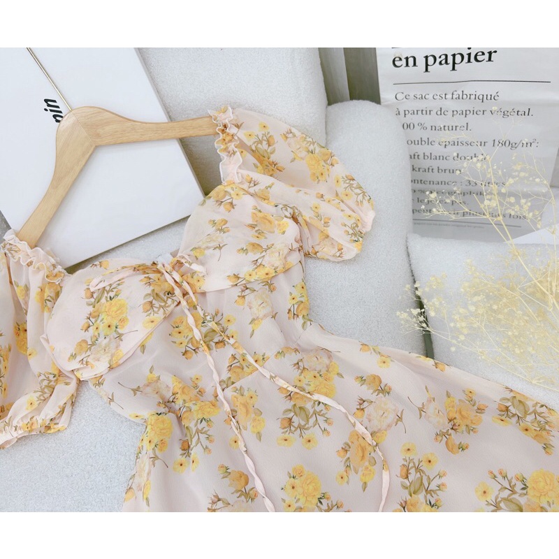 Đầm mixi hoa vàng bèo phồng