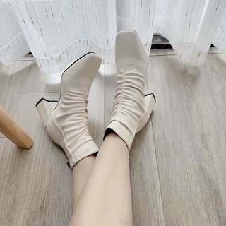 Giầy Bốt Nữ Boot Nhăn Da lỳ Cổ Thấp Cao Cấp Gót Vuông 5 Phân