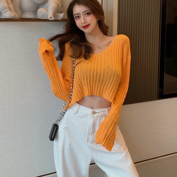 Cocory vn Áo Croptop Tay Dài Dáng Rộng Cổ Chữ V 3 Màu Thời Trang Quyến Rũ Cho Nữ
