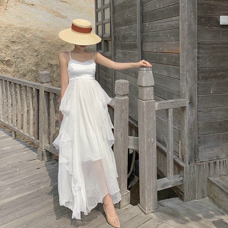 Maxi trắng voan bèo 2 dây, đầm váy dài tiểu thư dễ thương quyến rũ, thời trang dạo phố đi chơi/biển du lịch chụp hình