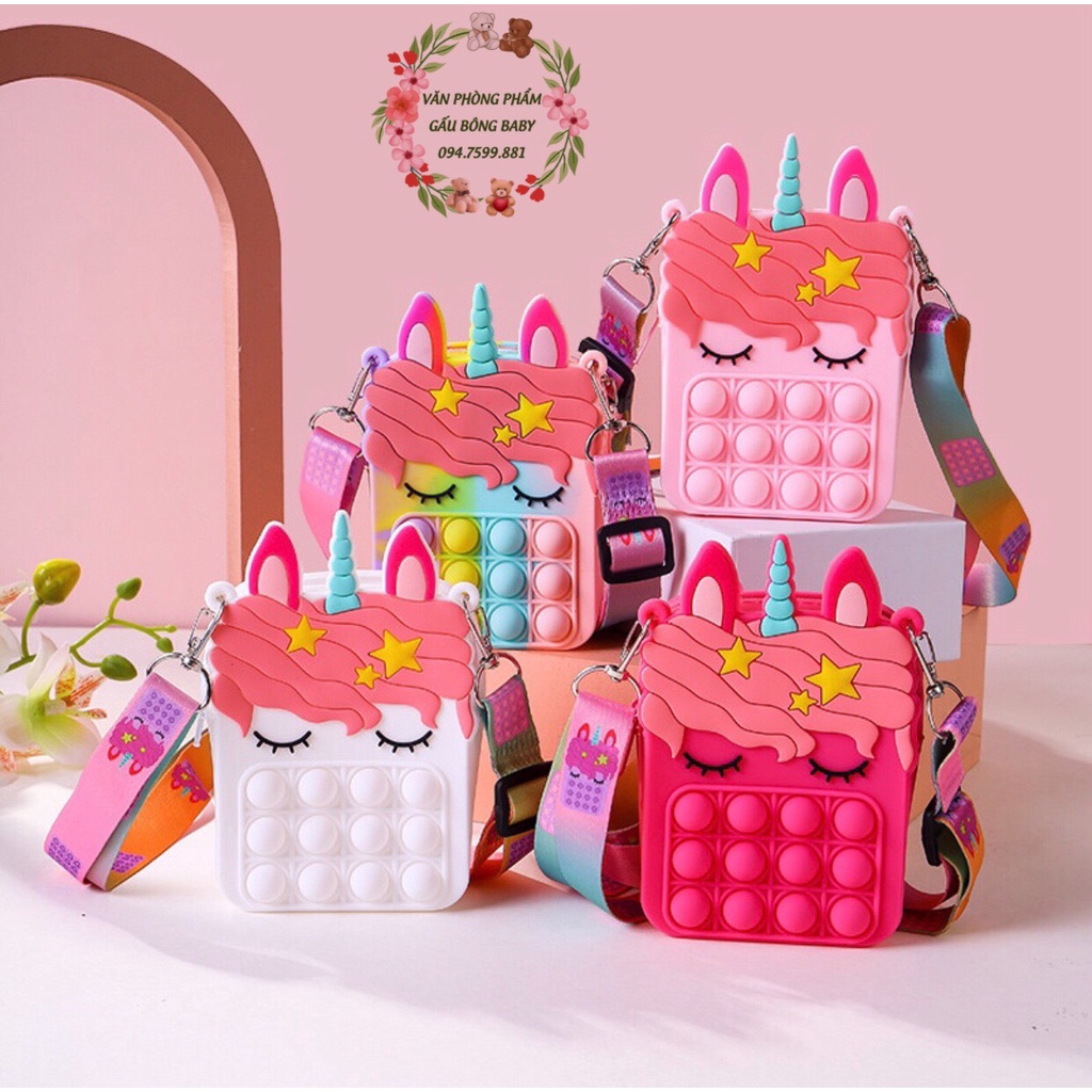 Túi đeo chéo vai popit kèm dây nhiều mẫu,màu đáng yêu cho bé, đồ chơi pop it giải stress, túi silicone kỳ lân