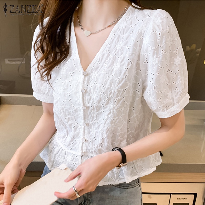 Áo nữ ZANZEA ngắn tay cổ chữ V họa tiết thêu thời trang