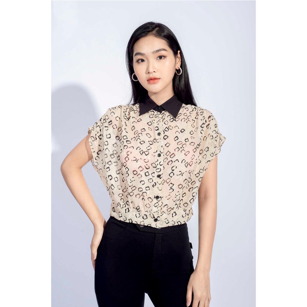 Áo sơ mi cổ đức, tay cánh rơi, cổ áo phối màu đen MMOutfit M-AO060321112