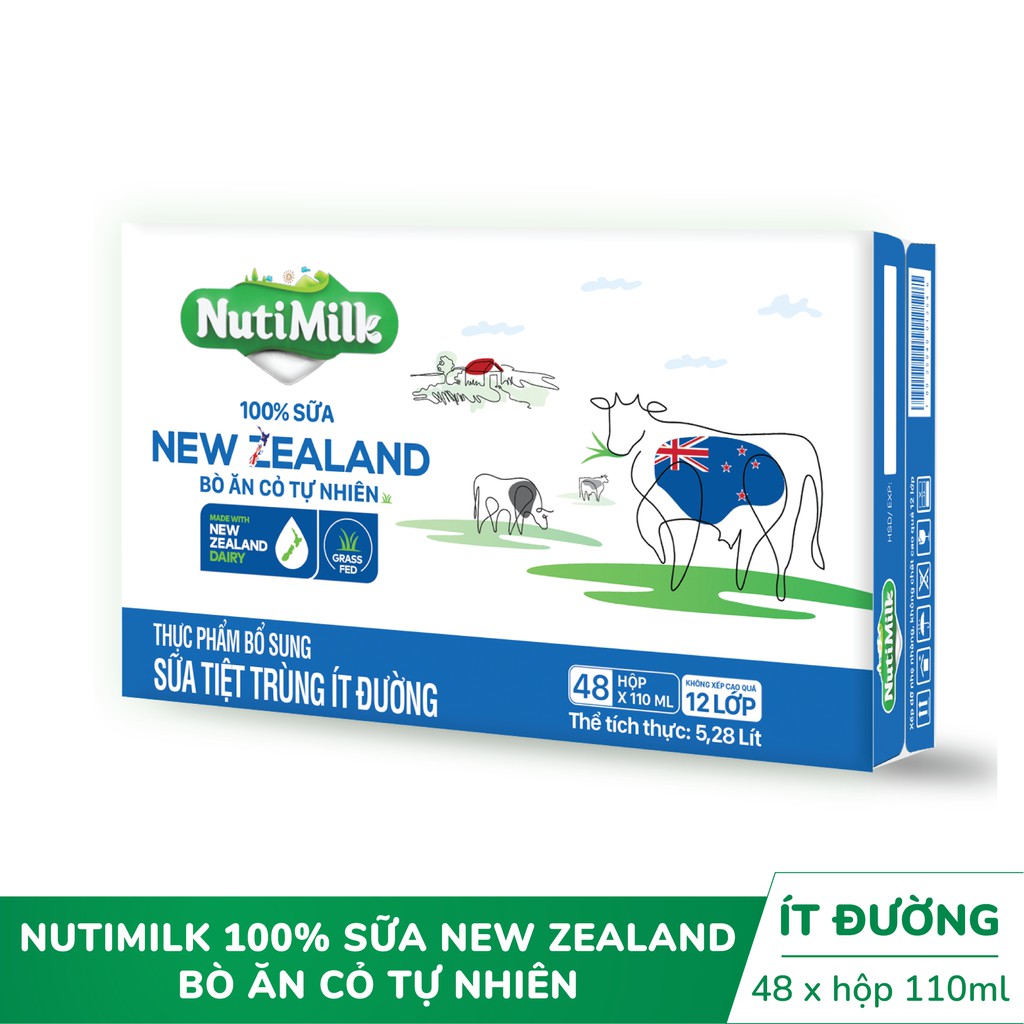 Thùng 48 hộp Nutimilk 100% Sữa New Zealand Nuti Bò ăn cỏ tự nhiên Ít đường 110ml/hộp