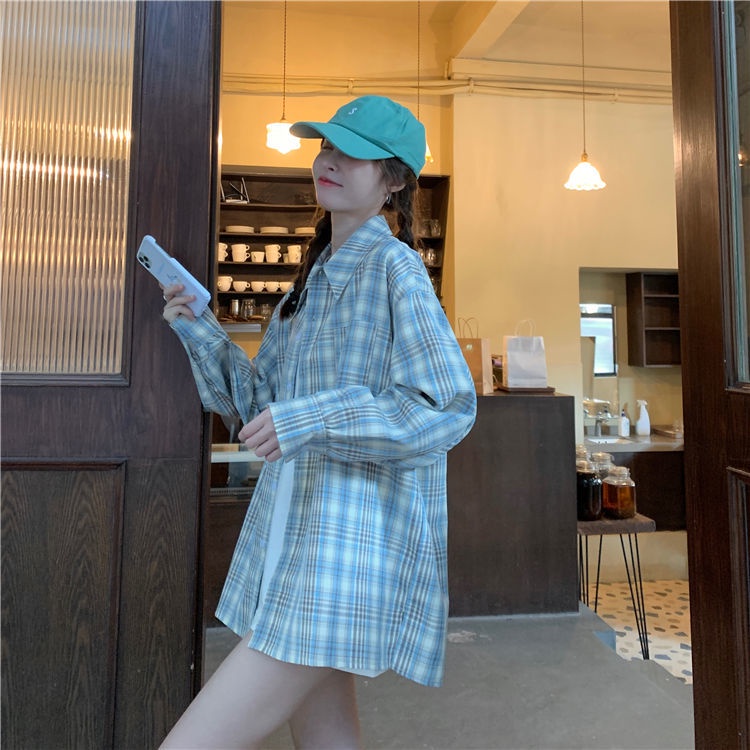 Áo Sơ Mi Caro Tay Dài Dáng Rộng Phong Cách Hàn Quốc Cho Nữ