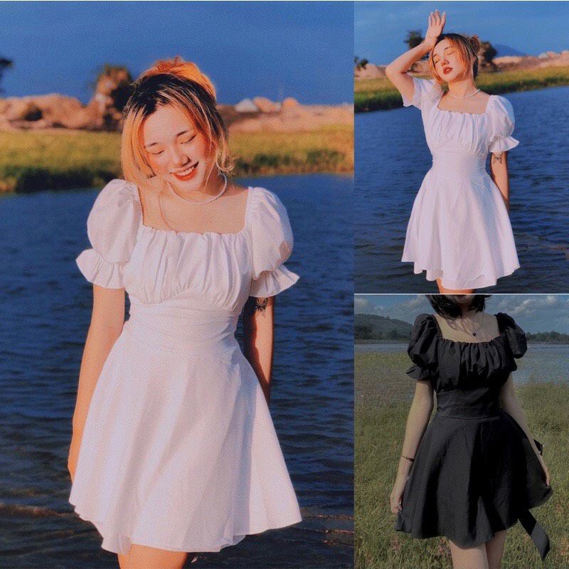 VÁY Trễ Vai cổ vuông ngắn tay Nơ lưng 2 lớp FREESIZE  Đầm Vintage tiểu thư Bánh Bèo Nhún Tay Sang chảnh