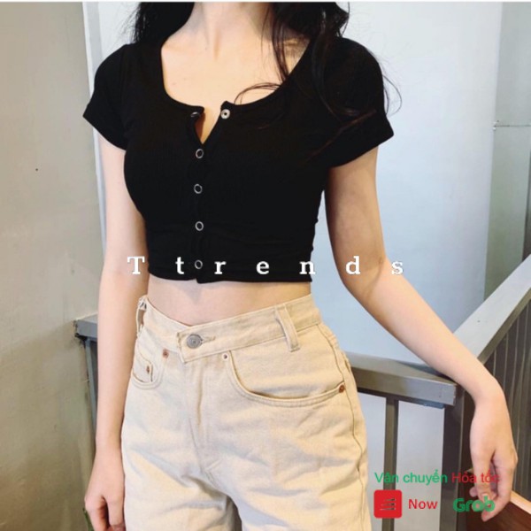 Áo croptop cổ tròn cúc cài tay ngắn len tăm xinh xắn ACRBUT048 | BigBuy360 - bigbuy360.vn