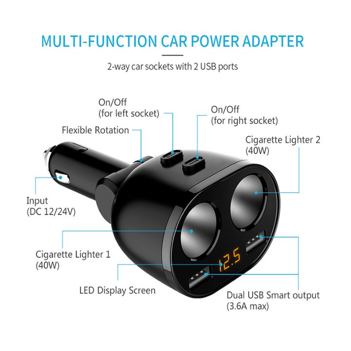 Bộ chia tẩu sạc Hyundai HY-16 tích hợp 2 tẩu và 2 cổng sạc USB, 120W, 3.1A, Hyundai car charger HY-16