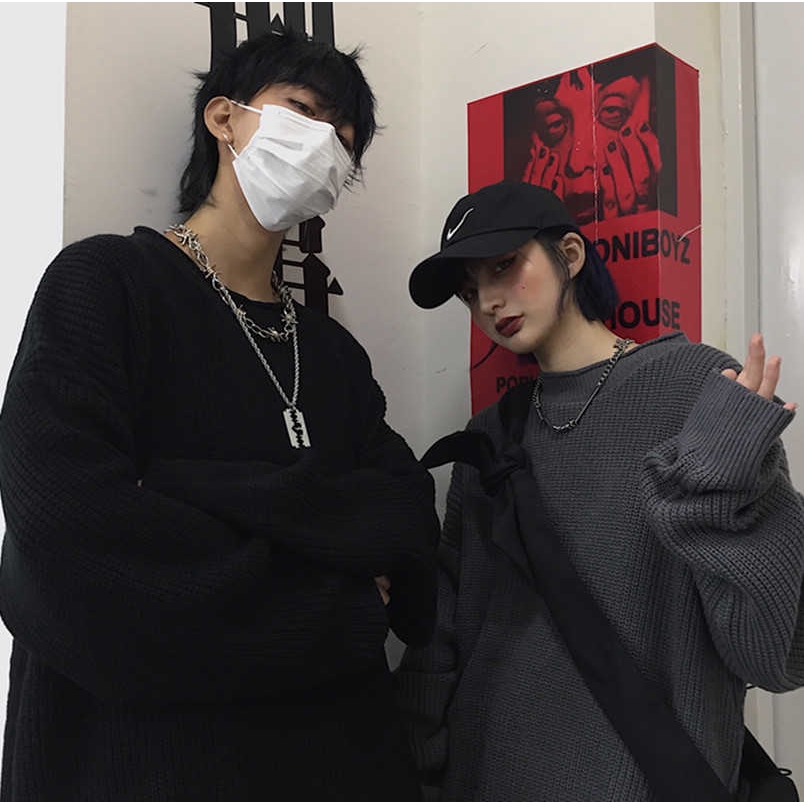 Áo len dệt kim cổ tròn dáng rộng màu trơn cho nam và nữ