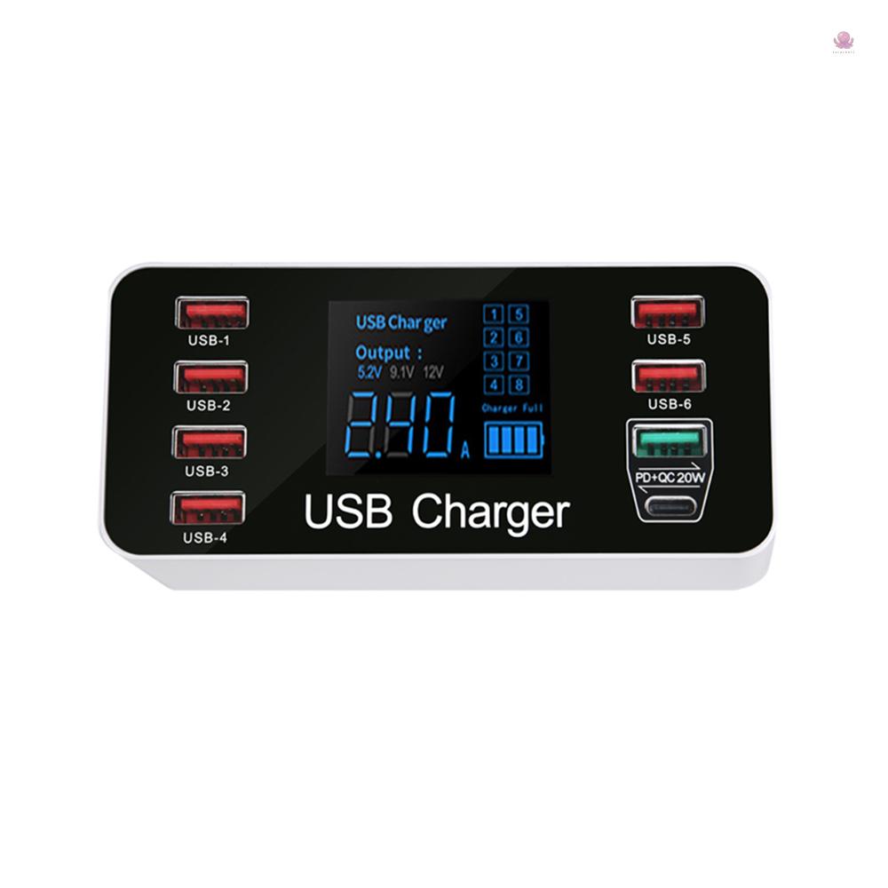 Sạc Nhanh USB Nhanh Với Cổng QC3.0 40W Với 8 Cổng Sạc Và Cổng Type-C Màn Hình LCD Rộng