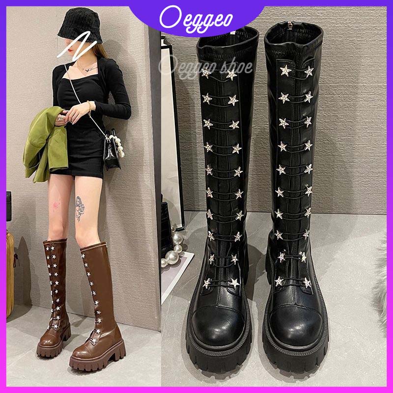 Oeteo Giày Bốt Cổ Cao Đế Dày Khóa Kéo Sau Cá Tính Cho Nữ