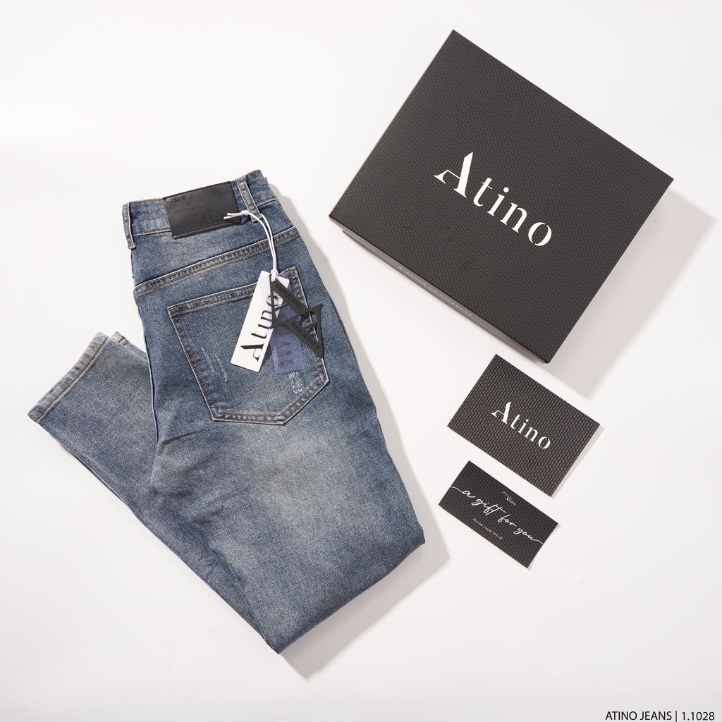 Quần Jean Nam Xanh Rách ATINO Chất Liệu Jean Pha Spandex Form Slim-Fit QJ1.1028