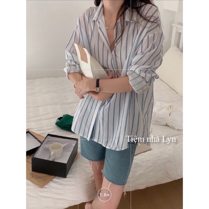 Áo sơ mi nữ kẻ sọc xanh | Sơmi nữ kẻ hàn quốc
