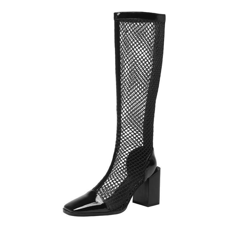Giày Bốt Cao Gót Mũi Vuông Bằng Da Bóng Phối Lưới Thời Trang Mùa Hè Cho Nữ