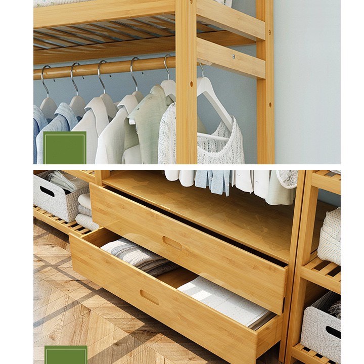 Tủ quần áo 2 khoang và 2 ngăn kéo - Kệ treo quần áo gỗ thông nhập khẩu không mối mọt.