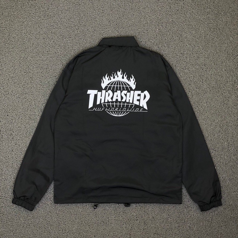 Áo Khoác Gió Màu Đen In Chữ Thrasher X Huf Worldwide Cá Tính