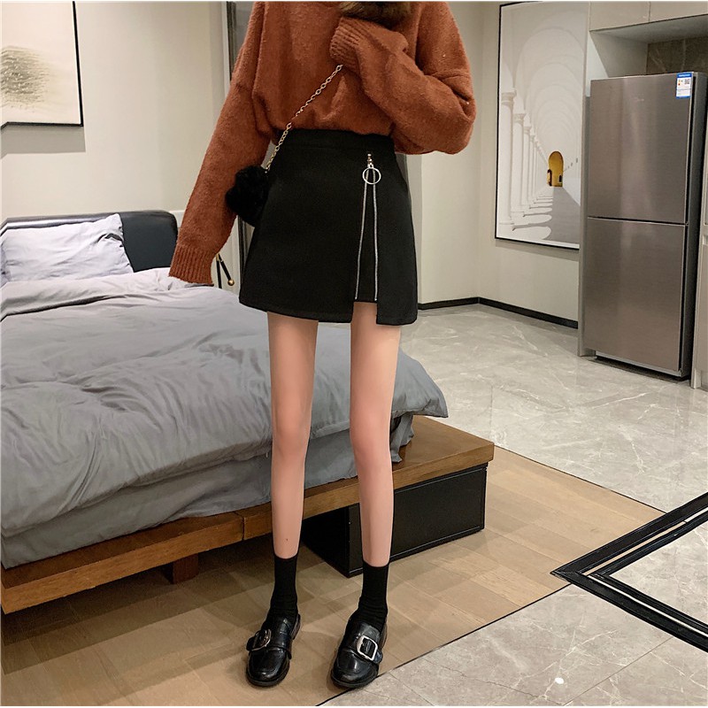 Đen Chân Váy Len Dáng Chữ A Lưng Cao Phối Khóa Kéo Cá Tính | BigBuy360 - bigbuy360.vn