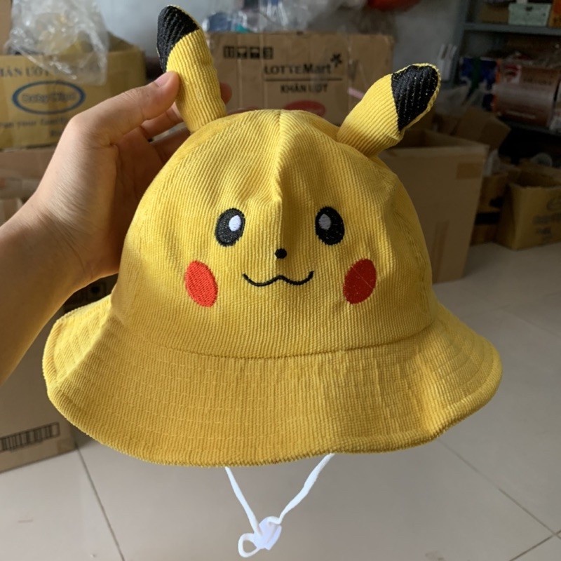 Nón tai bèo trẻ em Pikachu nhung  thiết kế dây quay cố định, mũ bucket chống nắng cho bé trai/bé gái - BL135
