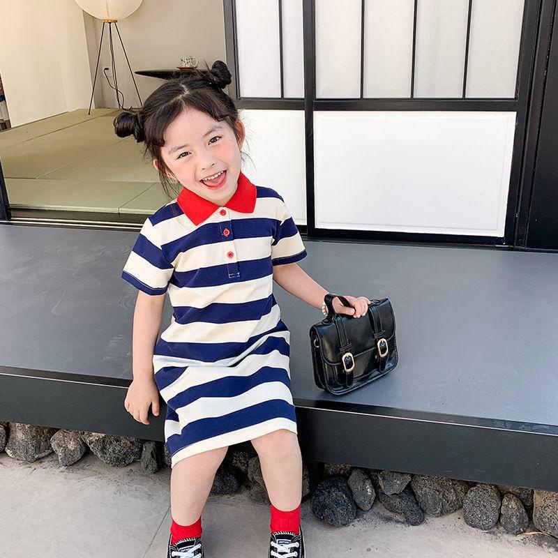 Tại chỗ Giết trong giây giới hạn Đầm cotton kẻ sọc dài đến đầu gối có size nhỏ và vừa phong cách Hàn Quốc cho bé gái