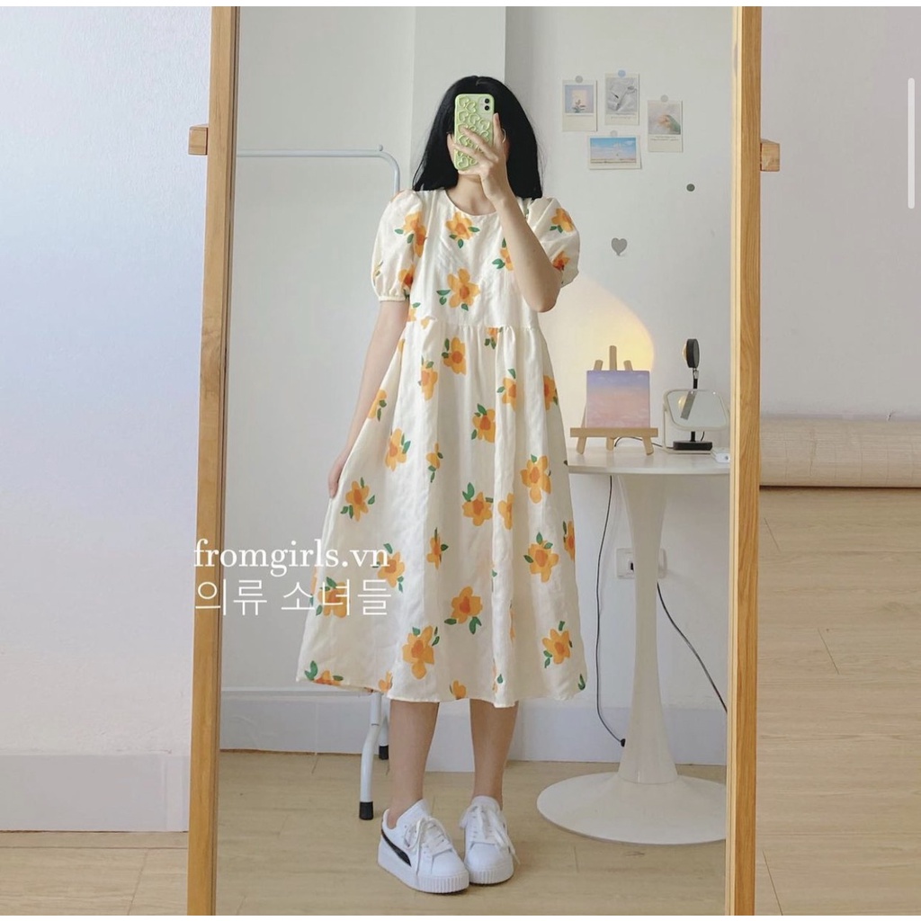 Đầm Babydoll Hoa Cam Tay Bồng Đầm Hoa Dáng Dài Siêu Xinh