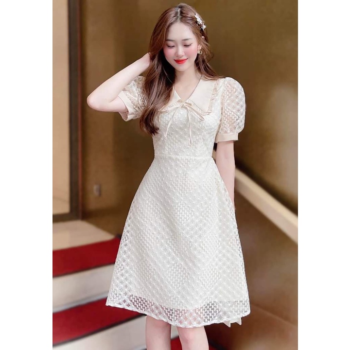 Váy ren quả trám cổ Hàn TOPFASHION màu kem,Đầm nữ thiết kế trẻ trung hiện đại phù hợp dự tiệc, dạo phố sang trọng