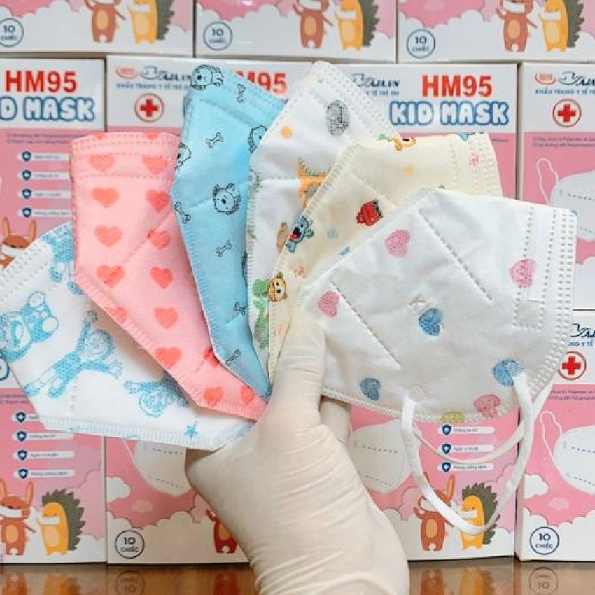 Khẩu trang N95 trẻ em HM95 Kids Mask Hoàng Minh, hộp 10 cái, khẩu trang cho bé 4-12 tuổi, 5 lớp kháng khuẩn khói bụi 99%