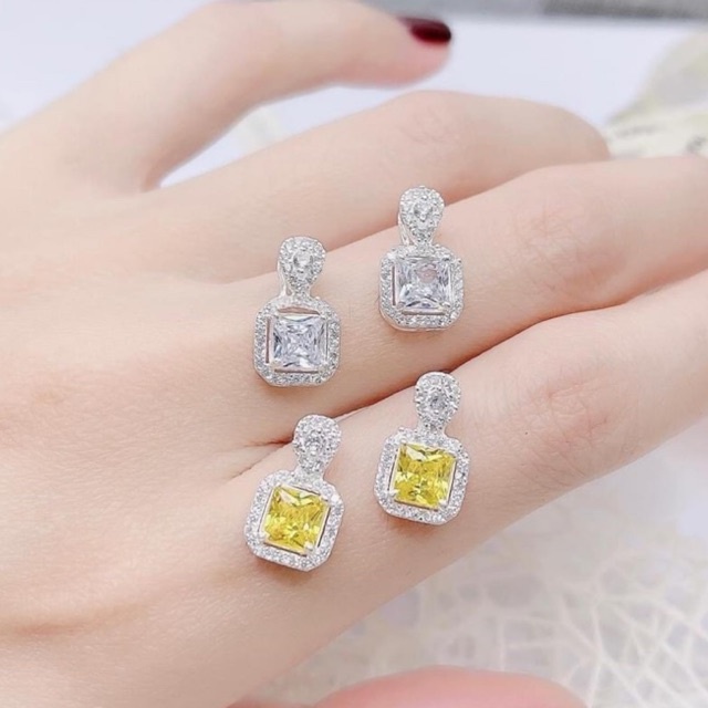 Set bộ Vuông đá Bạc ta sang trọng, đá lấp lánh tinh tế, 2 màu xinh xắn Mainomi Shop Bạc Xinh