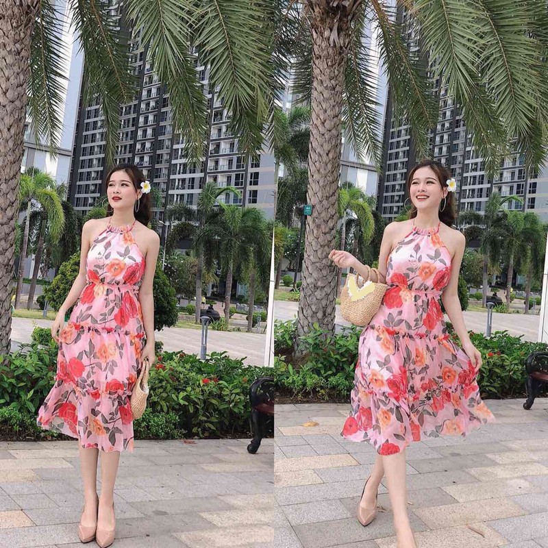 đầm xòe cổ yếm hoa