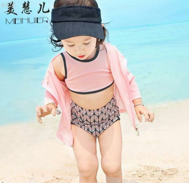 Bikini đi biển đồ bơi 4 chi tiết mũ, áo, quần và áo khoác cực xinh cho bé