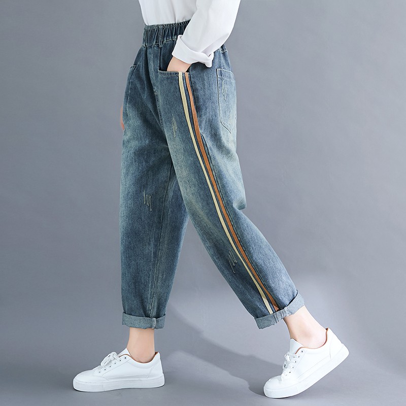 CÓ SẴN SIZE XL B133 Quần bò dáng suông cạp chun,sọc 2 bên thời trang