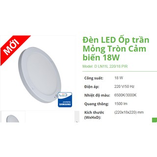 ( Rạng Đông ) Đèn Led Ốp Trần Cảm Biến PIR 18W A/S trắng ( tròn )
