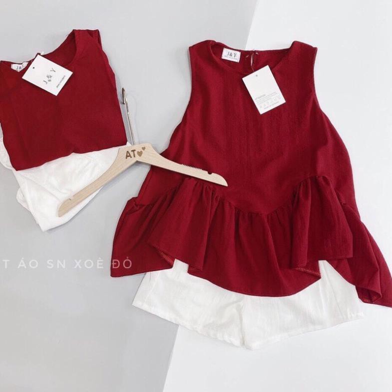 Set áo bèo đỏ khoét nách mix quần sooc ống rộng cạp chun chất đũi  - Set bộ đồ nữ freesize phom suông dáng tiểu thư . ⚡
