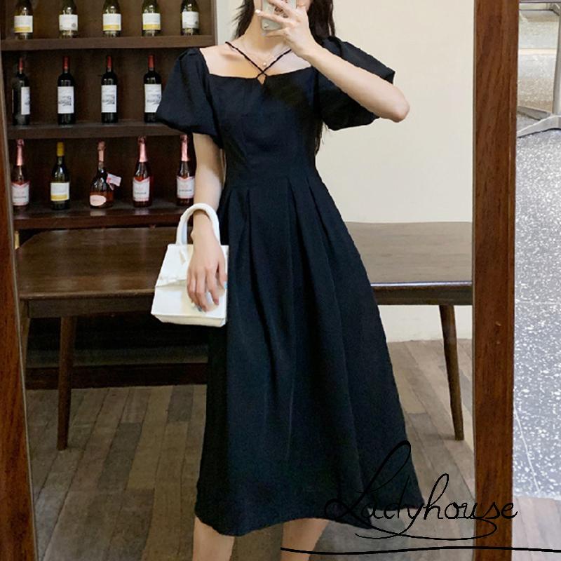 Đầm Midi Lưng Cao Trễ Vai Tay Ngắn Thời Trang Mùa Hè Cho Nữ