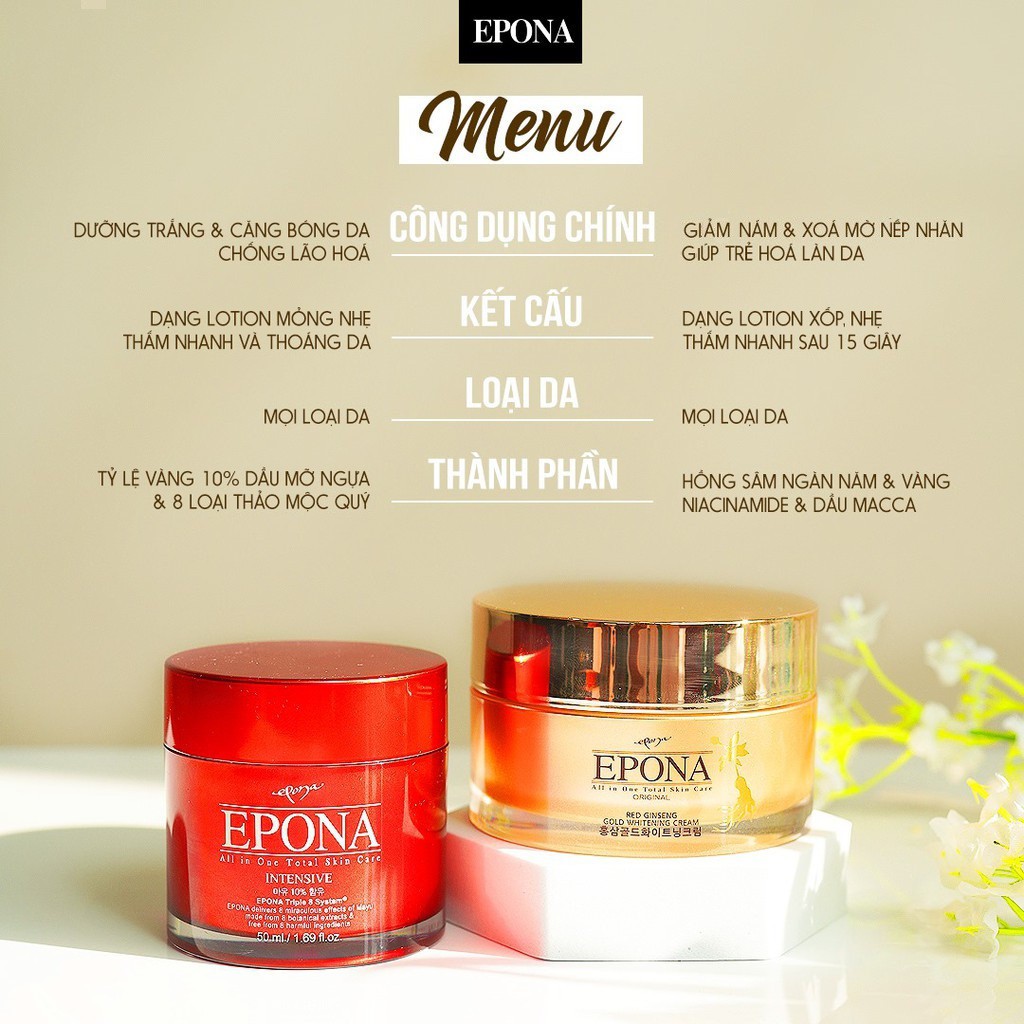 Kem Dưỡng Trắng Da, Nâng Tone Mỏng Nhẹ, Chống Lão Hóa Mờ Thâm Nám, Xóa Mờ Nếp Nhăn, Phục Hồi Da Hư Tổn Epona 50ml | BigBuy360 - bigbuy360.vn