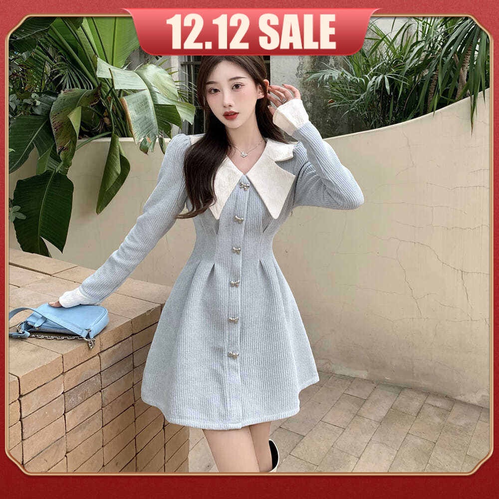 Đầm chữ A tay phồng cổ bẻ cài khuy phong cách retro Pháp thời trang mùa thu cho nữ