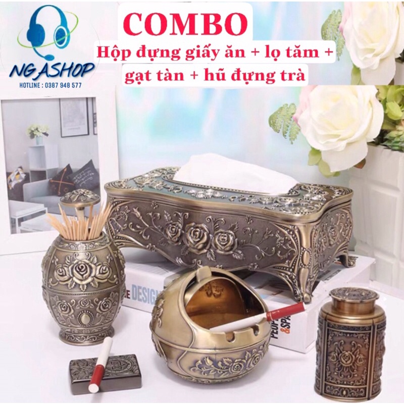 Combo (Hộp đựng giấy ăn+Gạt tàn+Lọ tăm+Hũ đựng trà )phong cách hoàng gia cổ điển cao cấp để bàn mạ màu đồng hoa in nổi