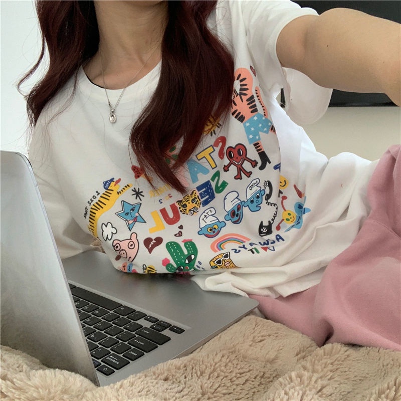 Áo Thun Ngắn Tay In Họa Tiết Hoạt Hình Xinh Xắn Dành Cho Nữ