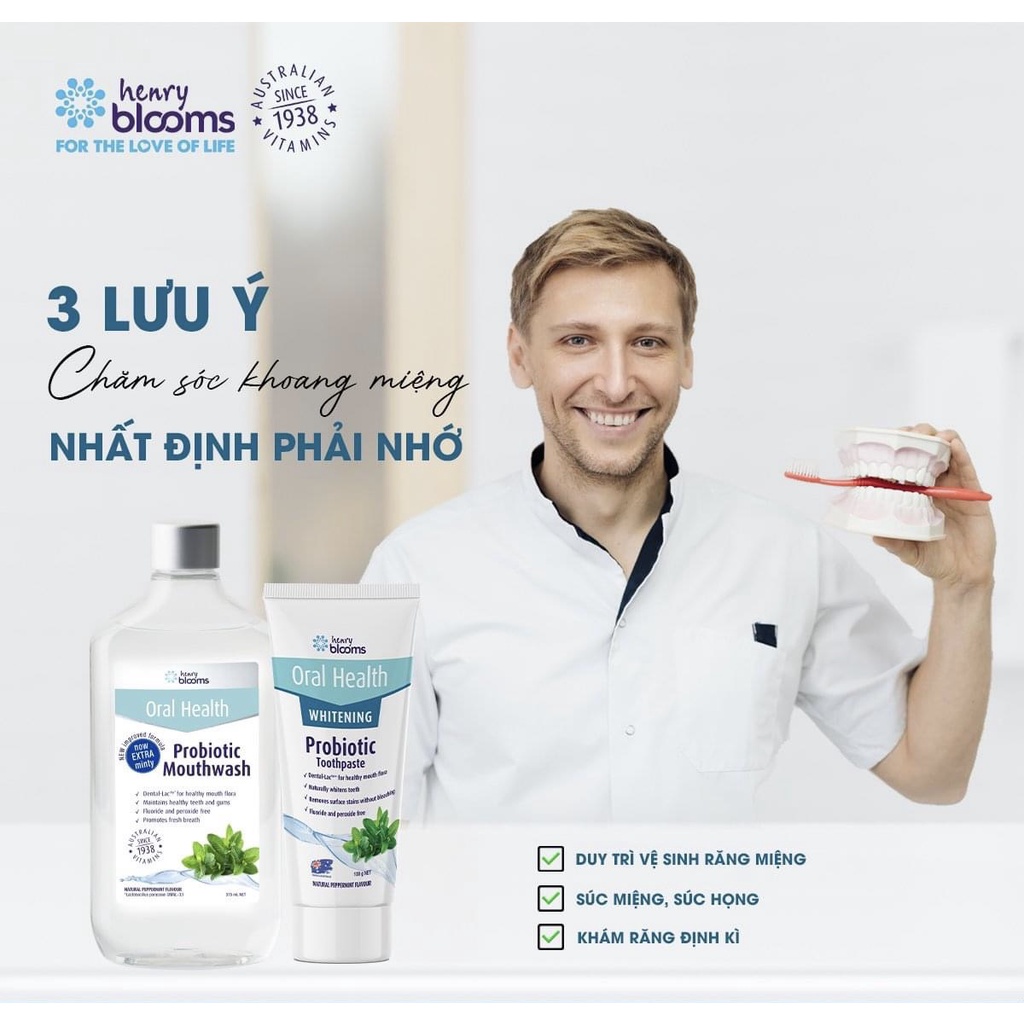 Nước súc miệng Henry Blooms Probiotic Mouthwash làm sạch vi khuẩn và bảo vệ răng miệng (375ml)